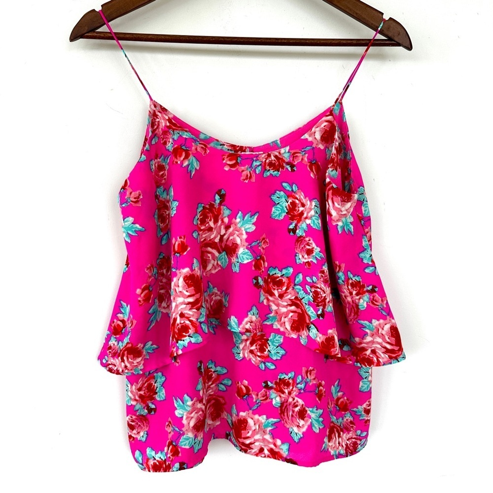 Paper Crane Pink Camisole Top with Ruffle, Floral Print, Loose & Flowy